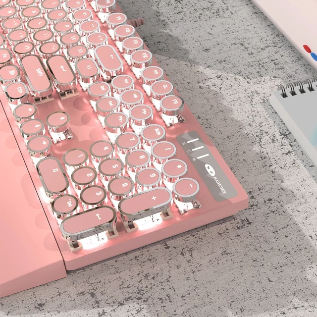 Alt view image 10 of 14 - Typewriter Mechanical Gaming Keyboard, Retro Punk Pink Round Keycaps, 104 Keys LED White Backlit Wired Keyboards for Laptop MAC PC Gamer, with Magnetic Wrist Rest, Blue Switch