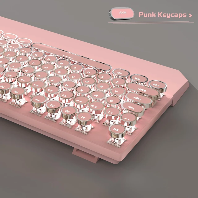 Alt view image 11 of 14 - Typewriter Mechanical Gaming Keyboard, Retro Punk Pink Round Keycaps, 104 Keys LED White Backlit Wired Keyboards for Laptop MAC PC Gamer, with Magnetic Wrist Rest, Blue Switch