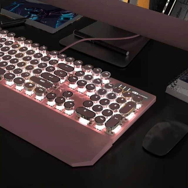 Alt view image 14 of 14 - Typewriter Mechanical Gaming Keyboard, Retro Punk Pink Round Keycaps, 104 Keys LED White Backlit Wired Keyboards for Laptop MAC PC Gamer, with Magnetic Wrist Rest, Blue Switch
