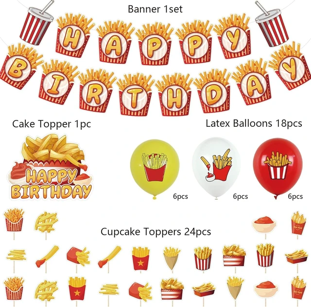 Alt view image 9 of 14 - French Fries Birthday Party Supplies French Fries Party Decorations Include HAPPY BIRTHDAY Banner Balloons Cake Topper Cupcake Toppers Fast Food Birthday Party Decorations