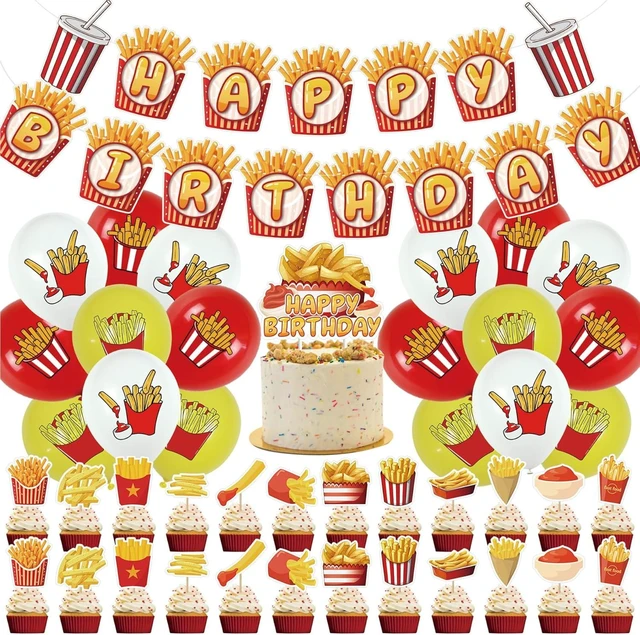 Alt view image 8 of 14 - French Fries Birthday Party Supplies French Fries Party Decorations Include HAPPY BIRTHDAY Banner Balloons Cake Topper Cupcake Toppers Fast Food Birthday Party Decorations