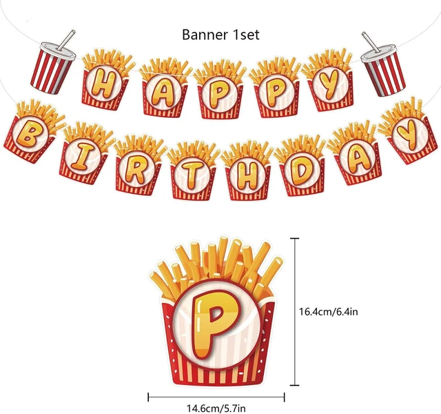 Alt view image 11 of 14 - French Fries Birthday Party Supplies French Fries Party Decorations Include HAPPY BIRTHDAY Banner Balloons Cake Topper Cupcake Toppers Fast Food Birthday Party Decorations