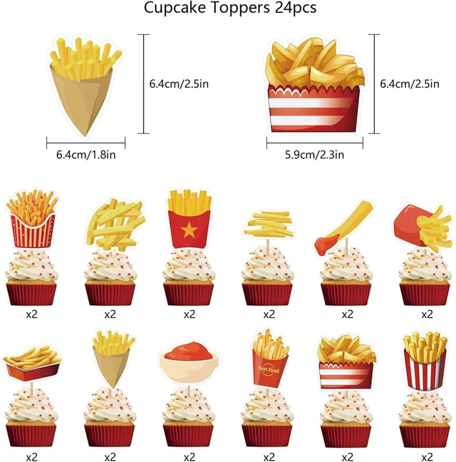 Alt view image 13 of 14 - French Fries Birthday Party Supplies French Fries Party Decorations Include HAPPY BIRTHDAY Banner Balloons Cake Topper Cupcake Toppers Fast Food Birthday Party Decorations
