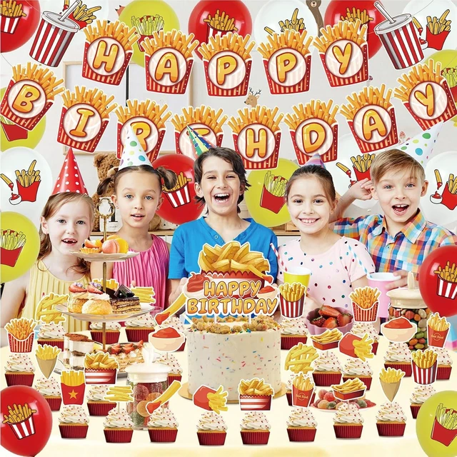 Alt view image 14 of 14 - French Fries Birthday Party Supplies French Fries Party Decorations Include HAPPY BIRTHDAY Banner Balloons Cake Topper Cupcake Toppers Fast Food Birthday Party Decorations