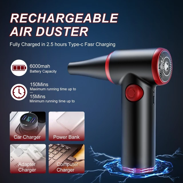 Alt view image 14 of 14 - ATEngeus Compressed Air Duster, Stepless Speed Electric Air Duster, 100500RPM Cordless Air Duster with LED Light, Rechargeable Air Blower Replaces Canned Air, Keyboard Cleaner for Laptop, PC