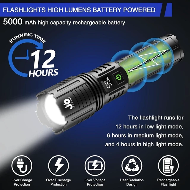Alt view image 13 of 14 - JAY-PARK Rechargeable Flashlights 100000 Lumen, LED Flashlight with Digital Power Display and Zoomable, Flashlights High Lumen Super Bright Long Distance for Camping, bushcraft, Outdoor