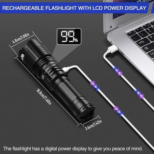 Alt view image 11 of 14 - JAY-PARK Rechargeable Flashlights 100000 Lumen, LED Flashlight with Digital Power Display and Zoomable, Flashlights High Lumen Super Bright Long Distance for Camping, bushcraft, Outdoor