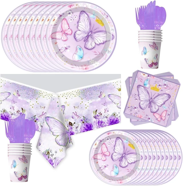 Alt view image 6 of 10 - 81Pcs Butterfly Theme Party Tableware Set Butterfly Girl Birthday Party Decoration Butterfly Birthday Party Supplies