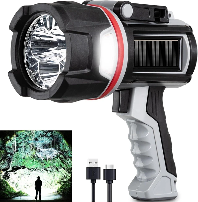 Alt view image 7 of 12 - Rechargeable Spotlight Flashlight, Super Bright 3 LED 3000000 Lumen Long Lasting Handheld Spot Light Spotlight for Hunting Boating Camping