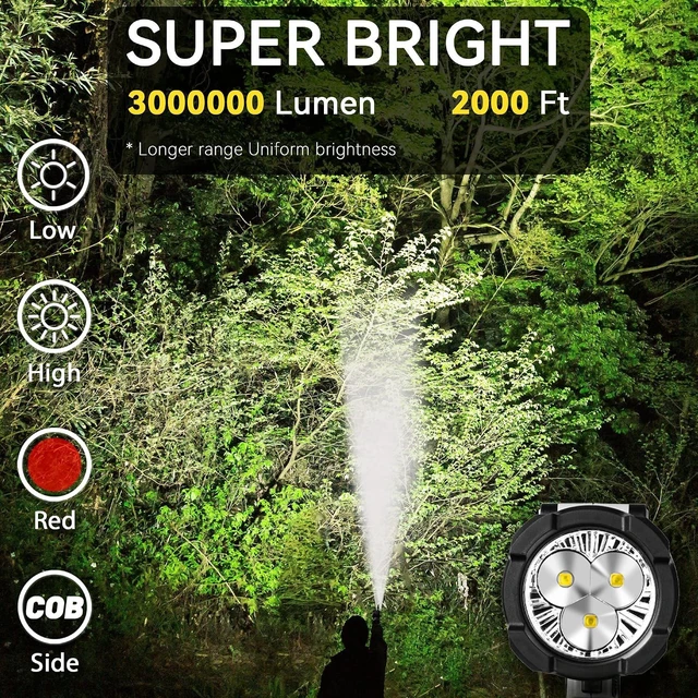 Alt view image 8 of 12 - Rechargeable Spotlight Flashlight, Super Bright 3 LED 3000000 Lumen Long Lasting Handheld Spot Light Spotlight for Hunting Boating Camping
