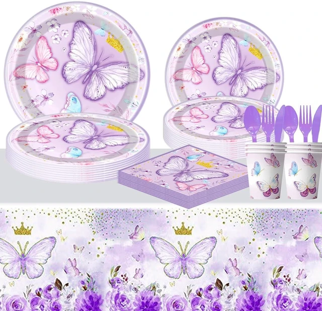 Alt view image 10 of 10 - 81Pcs Butterfly Theme Party Tableware Set Butterfly Girl Birthday Party Decoration Butterfly Birthday Party Supplies