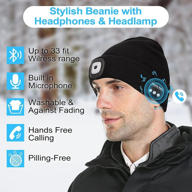 Alt view image 9 of 14 - Bluetooth Beanie Hat with Light, Unisex LED Cap with Headphones Built-in Stereo Speakers & Mic, Tech Gift for Men Women Dad, Black