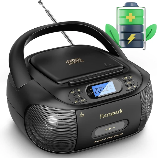 Alt view image 8 of 14 - CD Cassette Player Combo, Hernpark Rechargeable Boombox with Bluetooth 5.1, Tape Recording, FM Radio, Super Bass, Stereo Sound, Aux/USB Drive, Headphones Jack, Boom Box for Indoor Outdoor