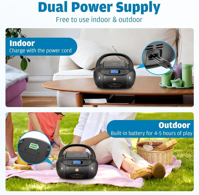 Alt view image 10 of 14 - CD Cassette Player Combo, Hernpark Rechargeable Boombox with Bluetooth 5.1, Tape Recording, FM Radio, Super Bass, Stereo Sound, Aux/USB Drive, Headphones Jack, Boom Box for Indoor Outdoor