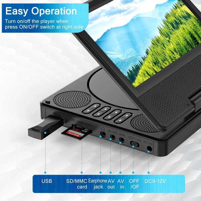 Alt view image 13 of 14 - 9.5" Portable DVD Player with 7.5" Swivel Display Screen, 5-Hour Built-in Rechargeable Battery, Car DVD Player,Supports SD Card/USB/CD/DVD and Multiple Disc Formats, High Volume Speaker