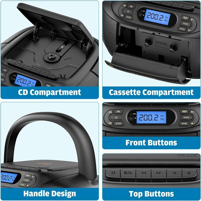 Alt view image 11 of 14 - CD Cassette Player Combo, Hernpark Rechargeable Boombox with Bluetooth 5.1, Tape Recording, FM Radio, Super Bass, Stereo Sound, Aux/USB Drive, Headphones Jack, Boom Box for Indoor Outdoor