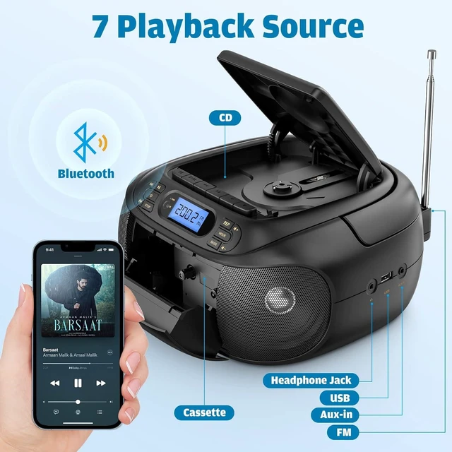 Alt view image 9 of 14 - CD Cassette Player Combo, Hernpark Rechargeable Boombox with Bluetooth 5.1, Tape Recording, FM Radio, Super Bass, Stereo Sound, Aux/USB Drive, Headphones Jack, Boom Box for Indoor Outdoor