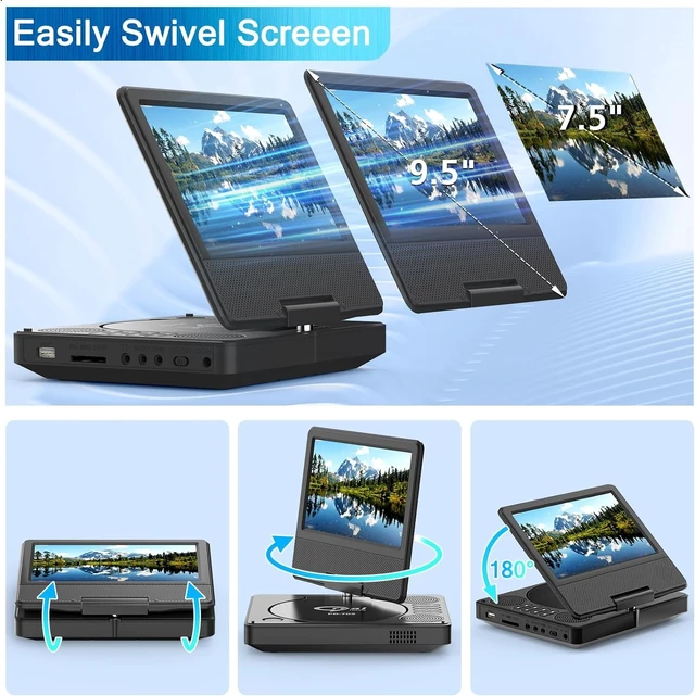 Alt view image 12 of 14 - 9.5" Portable DVD Player with 7.5" Swivel Display Screen, 5-Hour Built-in Rechargeable Battery, Car DVD Player,Supports SD Card/USB/CD/DVD and Multiple Disc Formats, High Volume Speaker
