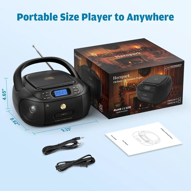 Alt view image 13 of 14 - CD Cassette Player Combo, Hernpark Rechargeable Boombox with Bluetooth 5.1, Tape Recording, FM Radio, Super Bass, Stereo Sound, Aux/USB Drive, Headphones Jack, Boom Box for Indoor Outdoor