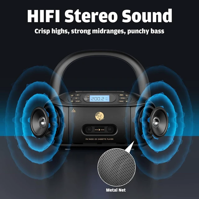 Alt view image 12 of 14 - CD Cassette Player Combo, Hernpark Rechargeable Boombox with Bluetooth 5.1, Tape Recording, FM Radio, Super Bass, Stereo Sound, Aux/USB Drive, Headphones Jack, Boom Box for Indoor Outdoor