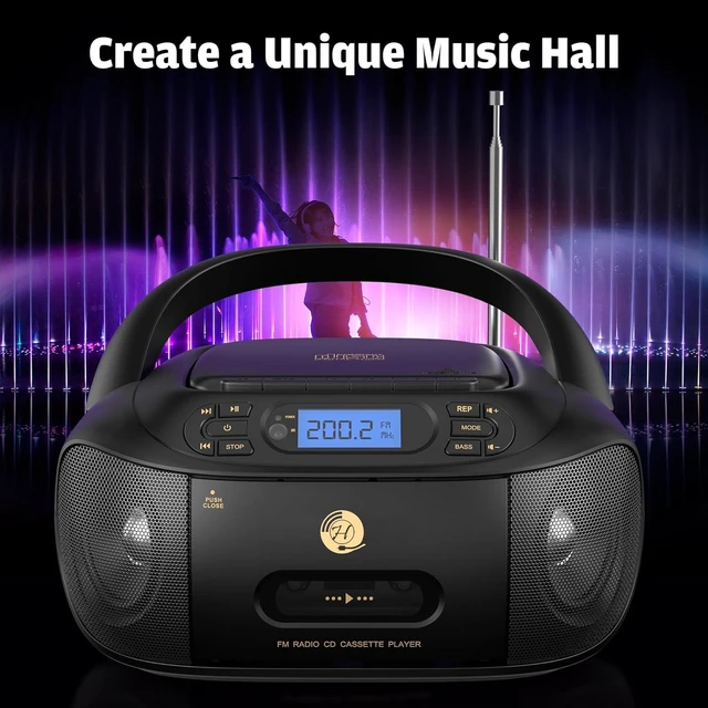Alt view image 14 of 14 - CD Cassette Player Combo, Hernpark Rechargeable Boombox with Bluetooth 5.1, Tape Recording, FM Radio, Super Bass, Stereo Sound, Aux/USB Drive, Headphones Jack, Boom Box for Indoor Outdoor