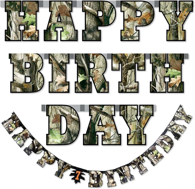 Alt view image 5 of 8 - Havercamp Next Camo Happy Birthday Party Banner | 1 Count | Great for Hunter Themed Party, Camouflage, Rustic, Nature, Military, Kids Birthday Party