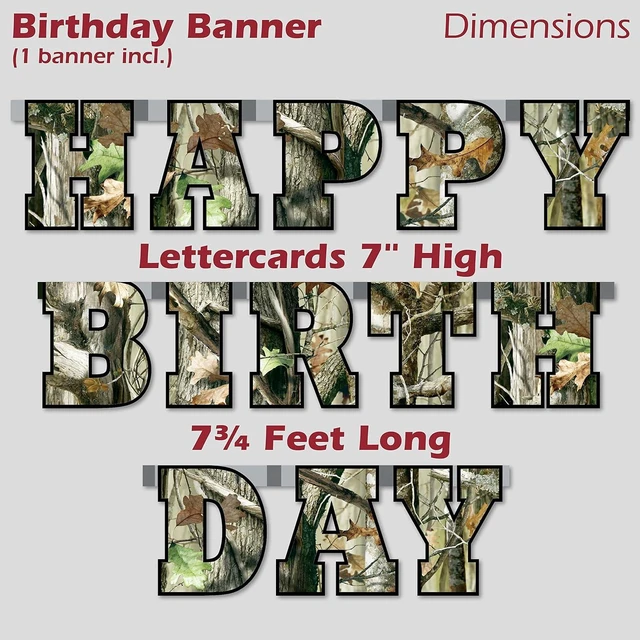 Alt view image 6 of 8 - Havercamp Next Camo Happy Birthday Party Banner | 1 Count | Great for Hunter Themed Party, Camouflage, Rustic, Nature, Military, Kids Birthday Party