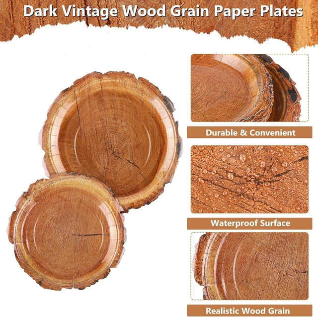 Alt view image 10 of 14 - Kochorie 96 Pieces Wood Grain Slice Tableware Sets Rustic Wood Party Supplies Including Paper Plates, Napkins, Cups, Serves 24 for Camping Birthday Hunting Forest Party Decorations
