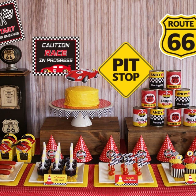 Alt view image 12 of 12 - Huray Rayho Race Car Birthday Party Supplies Checkered Flags Racing Happy Birthday Party Signs Cutouts Cars Birthday Party Supplies Let's Go Racing Party Supplies for Kids Race Fans