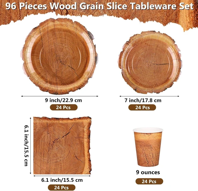 Alt view image 9 of 14 - Kochorie 96 Pieces Wood Grain Slice Tableware Sets Rustic Wood Party Supplies Including Paper Plates, Napkins, Cups, Serves 24 for Camping Birthday Hunting Forest Party Decorations