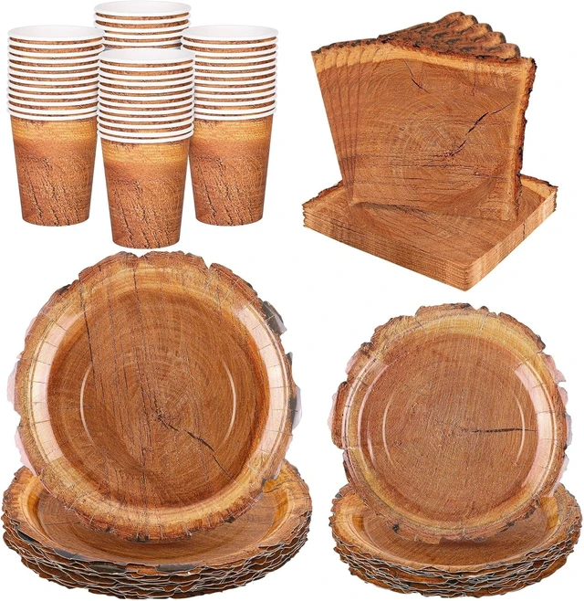 Alt view image 8 of 14 - Kochorie 96 Pieces Wood Grain Slice Tableware Sets Rustic Wood Party Supplies Including Paper Plates, Napkins, Cups, Serves 24 for Camping Birthday Hunting Forest Party Decorations