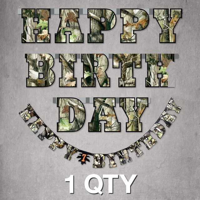 Alt view image 8 of 8 - Havercamp Next Camo Happy Birthday Party Banner | 1 Count | Great for Hunter Themed Party, Camouflage, Rustic, Nature, Military, Kids Birthday Party