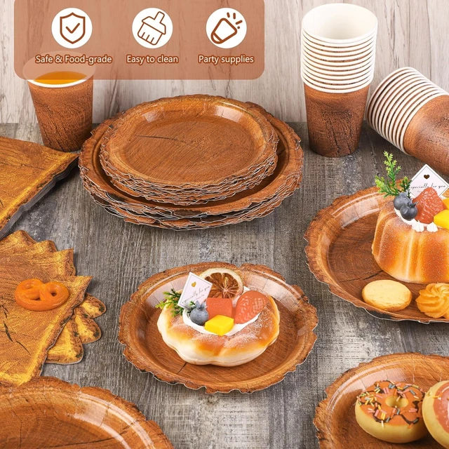 Alt view image 12 of 14 - Kochorie 96 Pieces Wood Grain Slice Tableware Sets Rustic Wood Party Supplies Including Paper Plates, Napkins, Cups, Serves 24 for Camping Birthday Hunting Forest Party Decorations