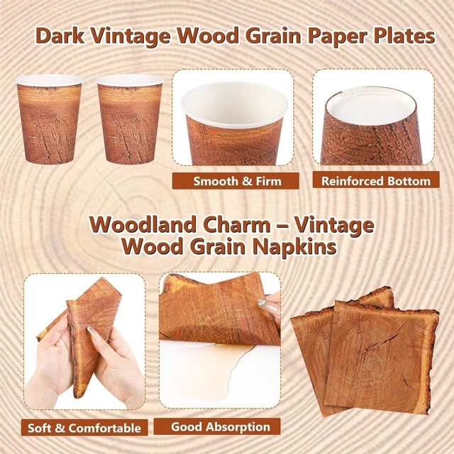 Alt view image 11 of 14 - Kochorie 96 Pieces Wood Grain Slice Tableware Sets Rustic Wood Party Supplies Including Paper Plates, Napkins, Cups, Serves 24 for Camping Birthday Hunting Forest Party Decorations