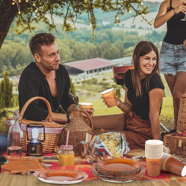 Alt view image 14 of 14 - Kochorie 96 Pieces Wood Grain Slice Tableware Sets Rustic Wood Party Supplies Including Paper Plates, Napkins, Cups, Serves 24 for Camping Birthday Hunting Forest Party Decorations
