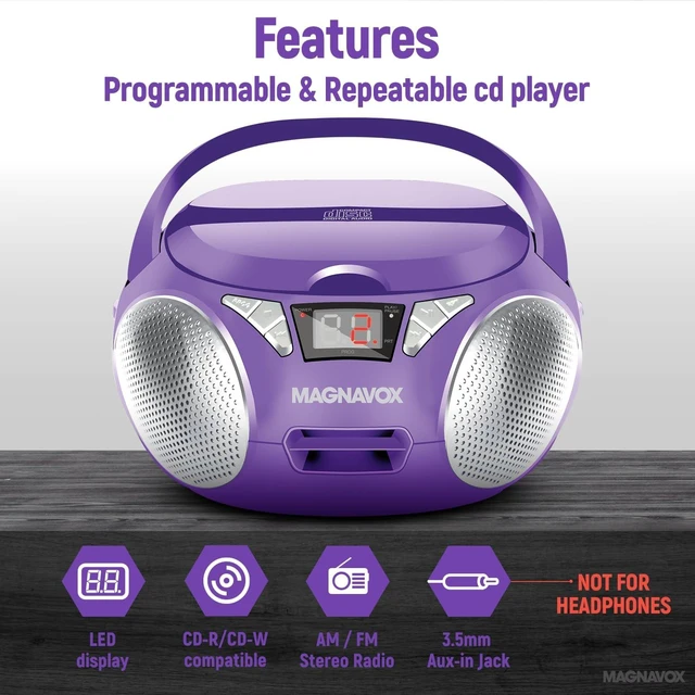 Alt view image 10 of 14 - Magnavox Portable Top Loading CD Boombox with AM/FM Stereo Radio in Black | CD-R/CD-RW Compatible | LED Display | AUX Port Supported | Programmable CD Player | (Purple)