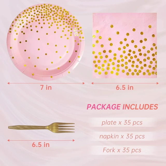 Alt view image 9 of 14 - Pink and Gold Party Supplies,Serves 35 Guests Pink Paper Plates and Napkins,Disposable Party Paper Plates for Birthday Wedding