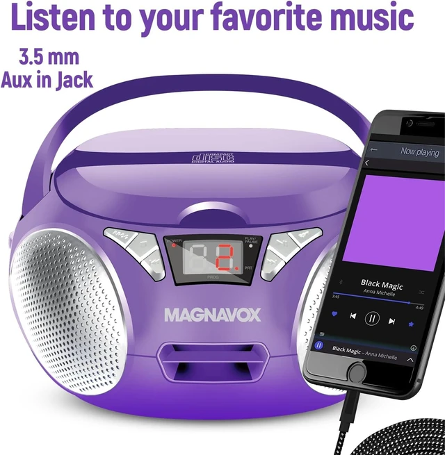 Alt view image 13 of 14 - Magnavox Portable Top Loading CD Boombox with AM/FM Stereo Radio in Black | CD-R/CD-RW Compatible | LED Display | AUX Port Supported | Programmable CD Player | (Purple)