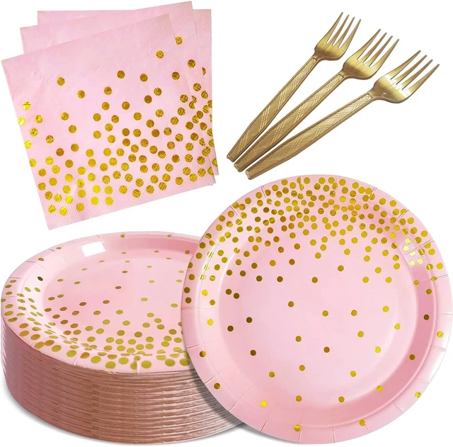 Alt view image 8 of 14 - Pink and Gold Party Supplies,Serves 35 Guests Pink Paper Plates and Napkins,Disposable Party Paper Plates for Birthday Wedding