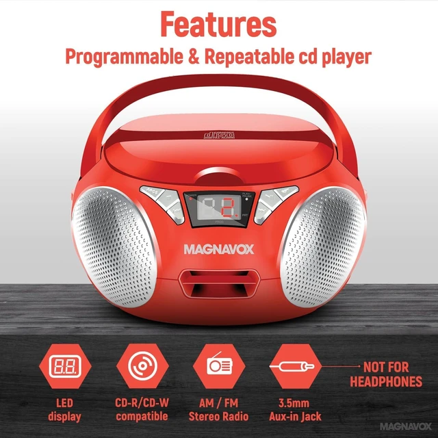 Alt view image 10 of 14 - Magnavox Portable Top Loading CD Boombox with AM/FM Stereo Radio in Black | CD-R/CD-RW Compatible | LED Display | AUX Port Supported | Programmable CD Player | (Red)
