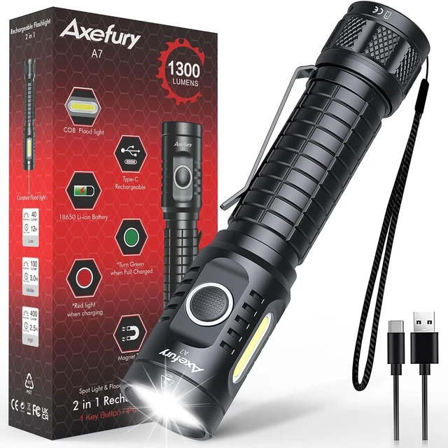 Alt view image 8 of 14 - Flashlight, Rechargeable Magnetic LED Flashlight High Powered 1300 Lumens,Tactical LED Light Torch COB Work Light,9 Modes,IP67 Outdoor Gear A7