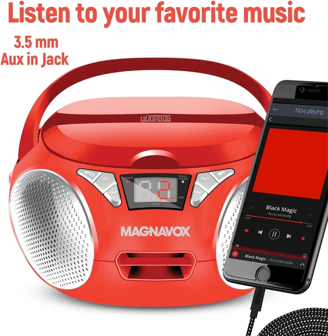 Alt view image 13 of 14 - Magnavox Portable Top Loading CD Boombox with AM/FM Stereo Radio in Black | CD-R/CD-RW Compatible | LED Display | AUX Port Supported | Programmable CD Player | (Red)