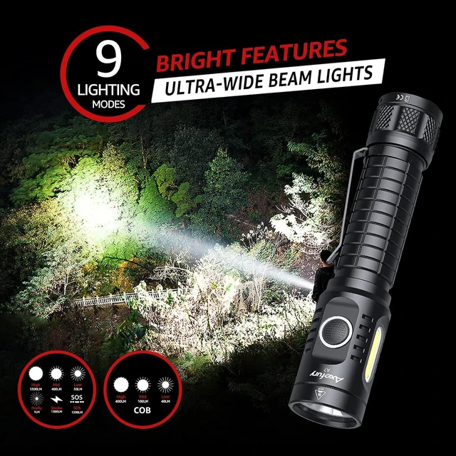 Alt view image 10 of 14 - Flashlight, Rechargeable Magnetic LED Flashlight High Powered 1300 Lumens,Tactical LED Light Torch COB Work Light,9 Modes,IP67 Outdoor Gear A7