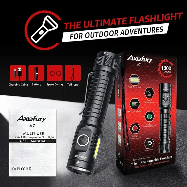 Alt view image 14 of 14 - Flashlight, Rechargeable Magnetic LED Flashlight High Powered 1300 Lumens,Tactical LED Light Torch COB Work Light,9 Modes,IP67 Outdoor Gear A7