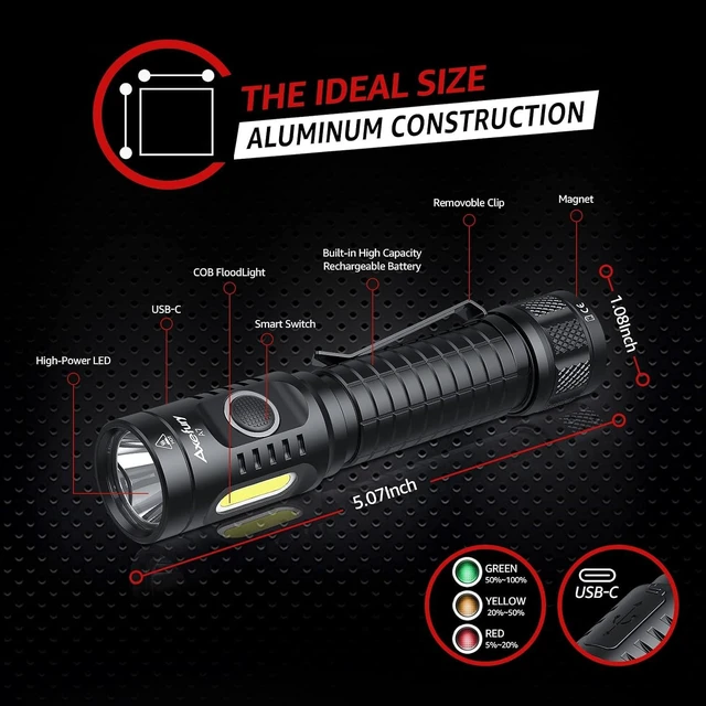 Alt view image 12 of 14 - Flashlight, Rechargeable Magnetic LED Flashlight High Powered 1300 Lumens,Tactical LED Light Torch COB Work Light,9 Modes,IP67 Outdoor Gear A7