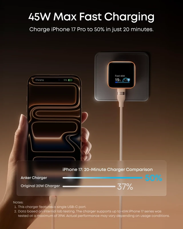 Alt view image 10 of 14 - Nano Smart Display Charger, 45W Max Fast Charger USB C for iPhone 17 | 180° Foldable Plug,Smart Recognition, Care Mode GaN USB C Charger Block for iPhone 17/16 (Non-Battery,1 USB-C Port,No Cable)