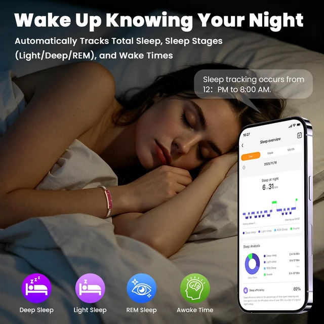 Alt view image 10 of 14 - Smart Bracelet for Women | Screenless Jewelry Fitness Tracker with Sleep, Heart Rate, Stress & Steps Tracking, 7-Day Battery, Waterproof, Red