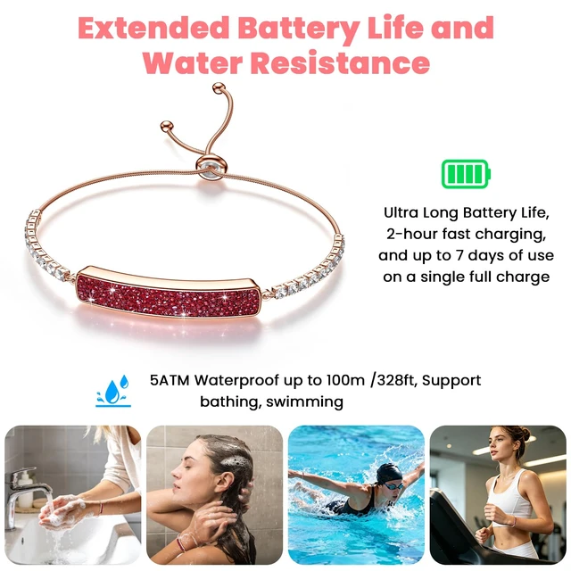 Alt view image 13 of 14 - Smart Bracelet for Women | Screenless Jewelry Fitness Tracker with Sleep, Heart Rate, Stress & Steps Tracking, 7-Day Battery, Waterproof, Red