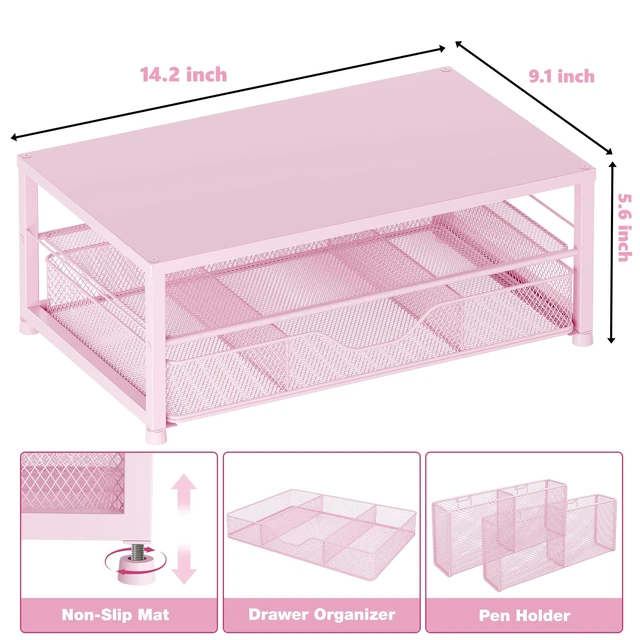 Alt view image 9 of 12 - Desk Organizer and Accessories, 2-Tier Computer Monitor Stand Riser with Drawer and 2 Pen Holders, Laptop Stand, Office Desk Accessories for Office Supplies, Pink