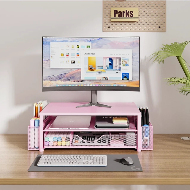 Alt view image 8 of 12 - Desk Organizer and Accessories, 2-Tier Computer Monitor Stand Riser with Drawer and 2 Pen Holders, Laptop Stand, Office Desk Accessories for Office Supplies, Pink